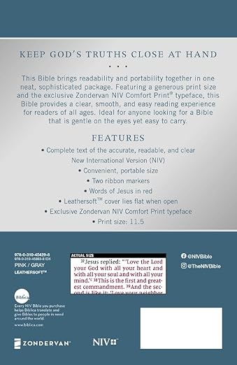 NIV, Personal Size Bible, Large Print, Leathersoft, Pink/gray, Red Letter, Comfort Print by Zondervan