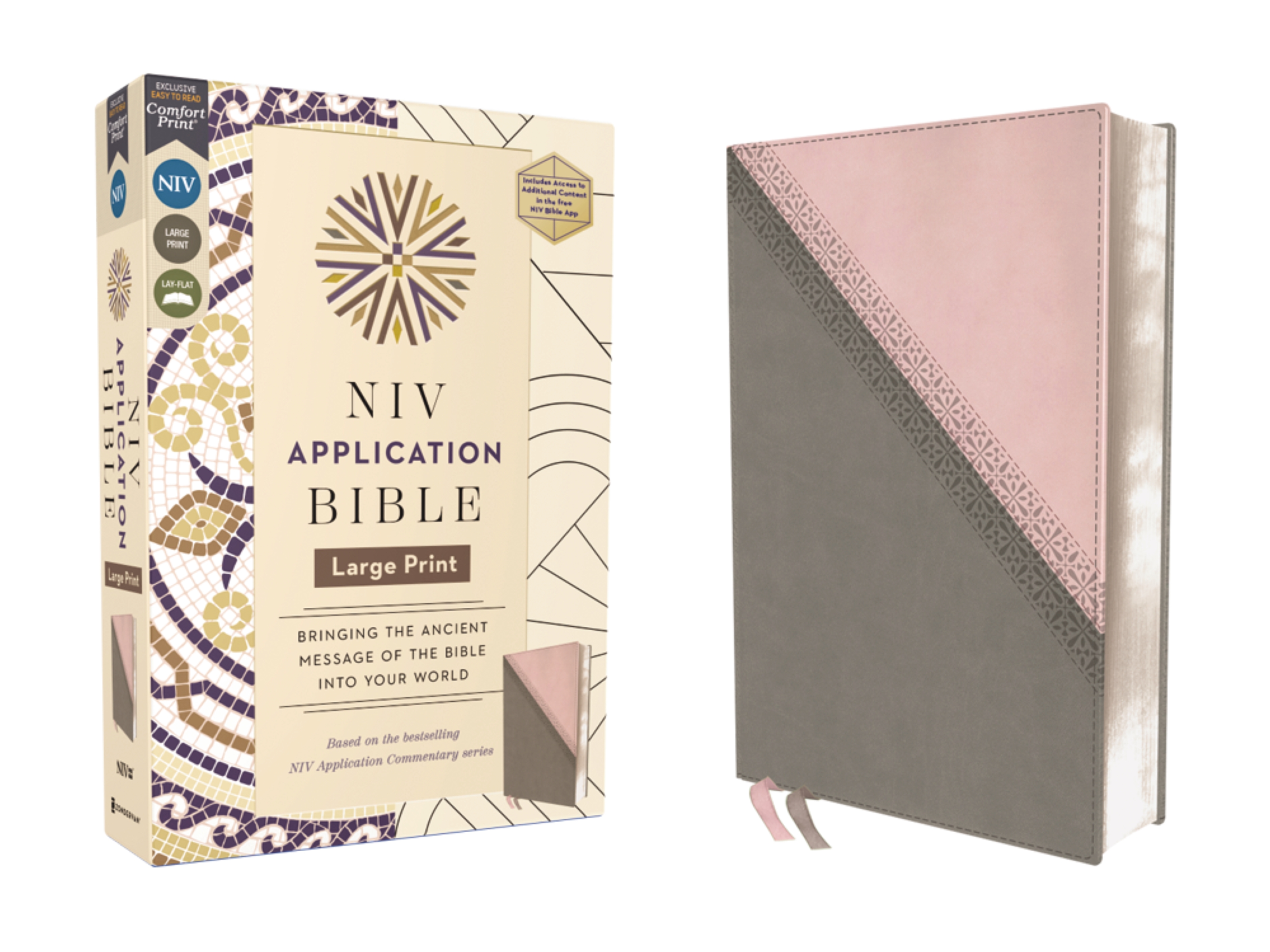 NIV Application Bible, Large Print, Leathersoft, Pink/gray, Red Letter, Comfort Print